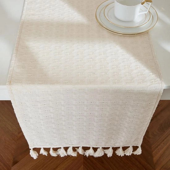 Tavolo da pranzo in lino 1 pezzo, dimensioni 40 x 240 cm, con decorazione moderna e aperta in stile boho per cucina o sala da pranzo.