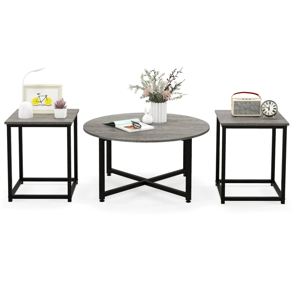Set di 3 tavolini: tavolo rotondo 80 x 42 cm e 2 tavolini laterali 40 x 40 x 50 cm design moderno in metallo grigio 20_0011962