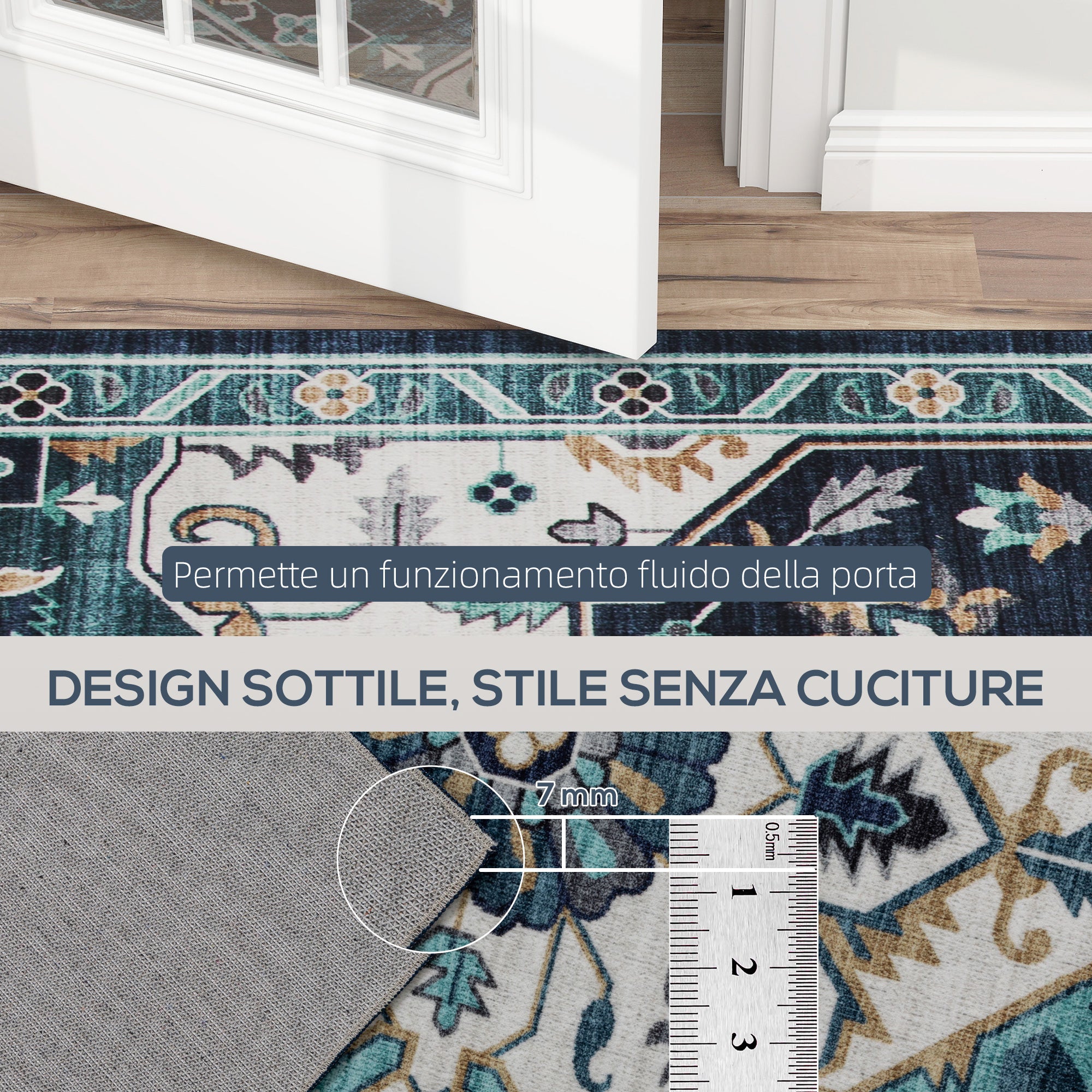 Tappeto Boho Antiscivolo e Lavabile 230x160 cm a Pelo Corto in Effetto Cashmere Blu