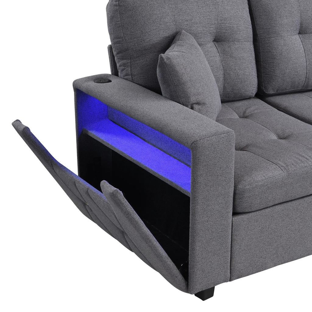 Divano angolare modulare 4 posti con pouf contenitore, LED e porte USB e Type-C in lino grigio antico