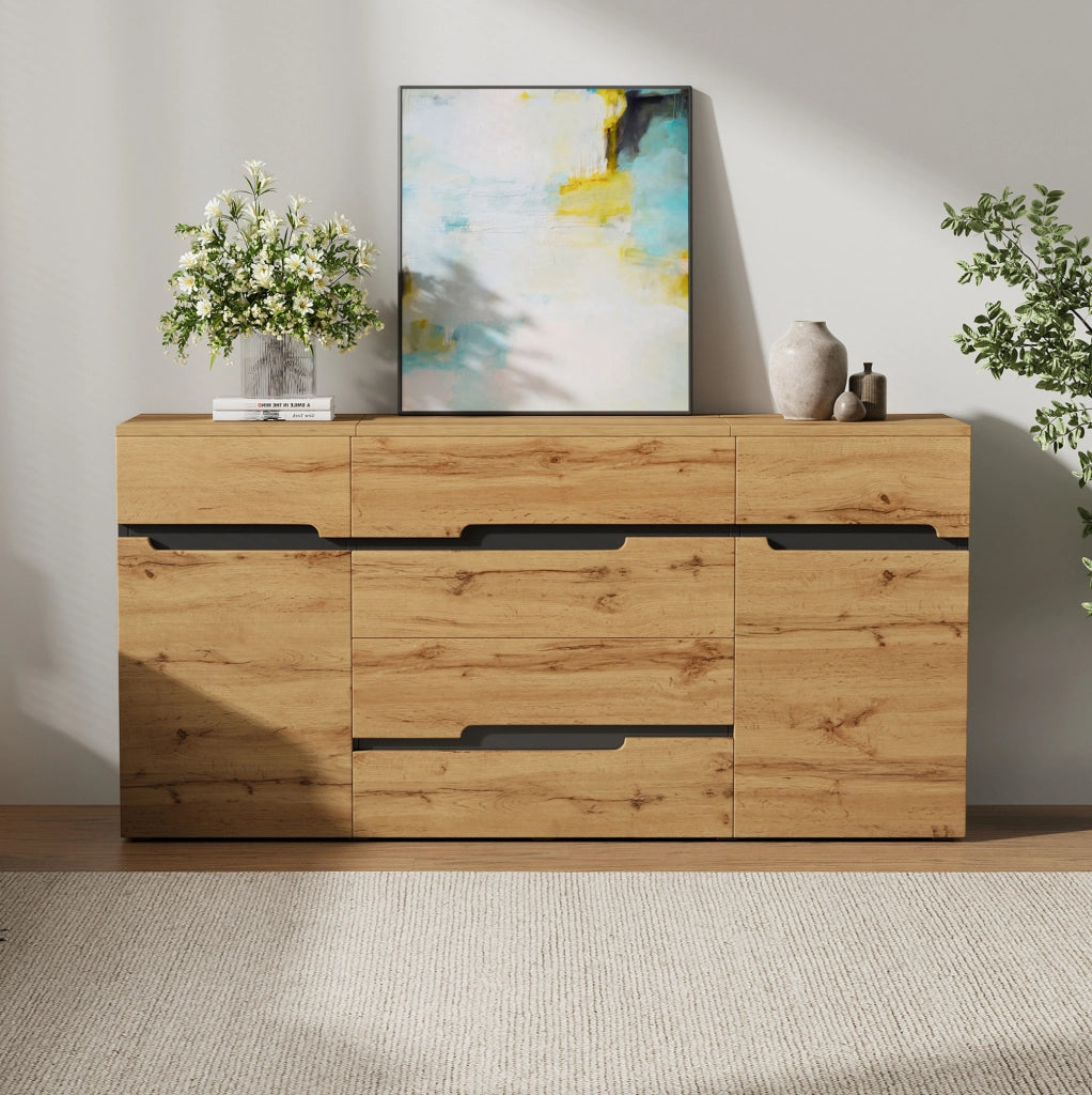 Credenza con 2 ante e 4 cassetti 160x40x80 cm nero e colore legno
