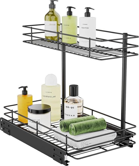 Organizzatore da cucina con tirante a due livelli - piastra di stoccaggio sotto il lavandino - cassettiera a scomparsa - 27 x 44 x 37 cm - apertura di almeno 32 cm - nero lucido