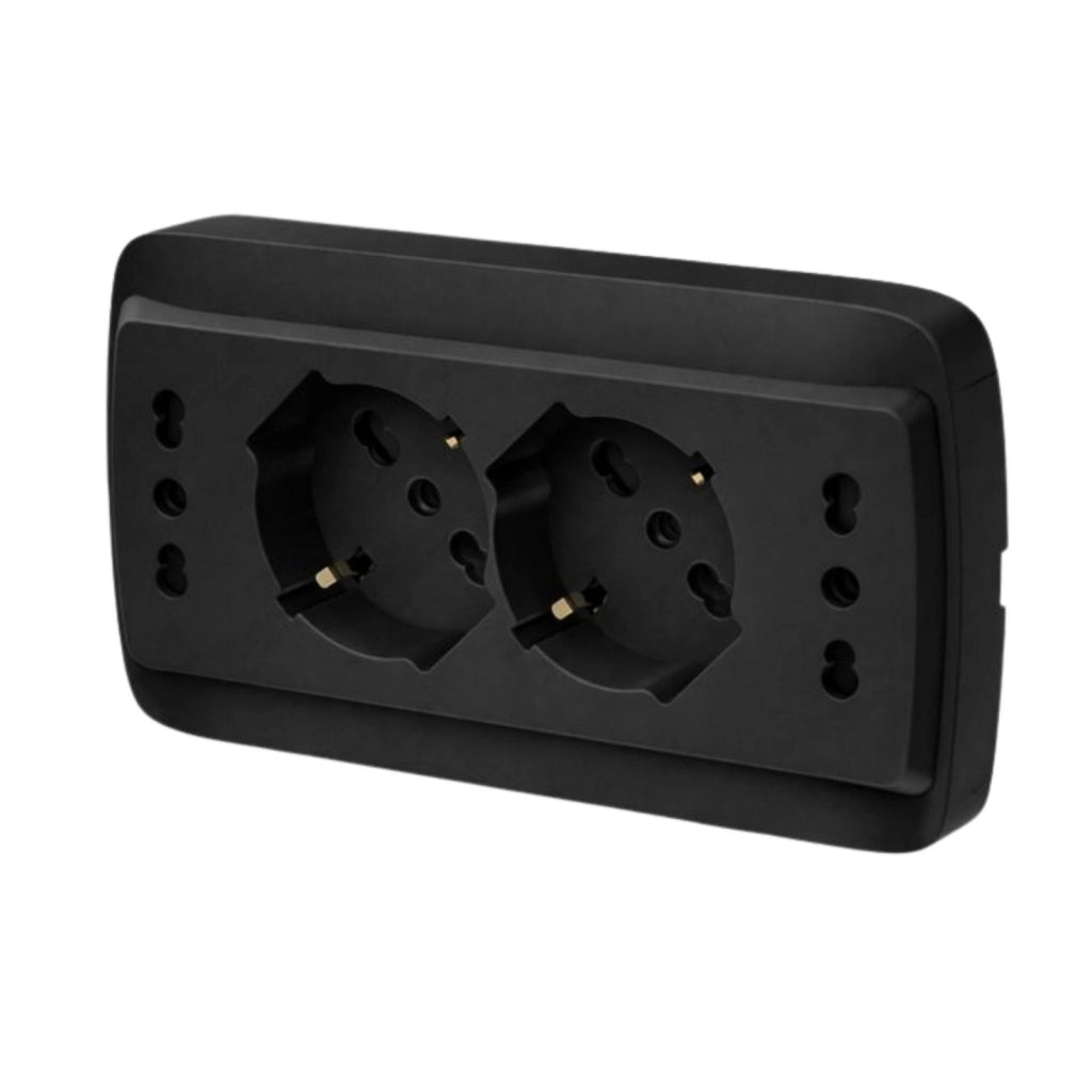 Multipresa Da Incasso Scatola 503 Nero Opaco, 2 Prese Schuko Universale P40 + 2 Prese Bipasso Italiano 10/16A, 140X80X23mm