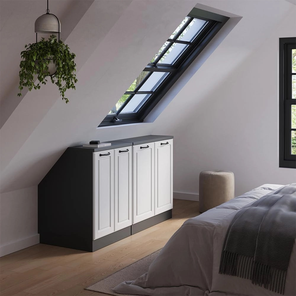 Set di mobili sottotetto Rion, Bianco casa di campagna, 140 cm Set di 2 carcasse armadio profondità 60 cm, adatto per il salvaspazio sotto tetti spioventi