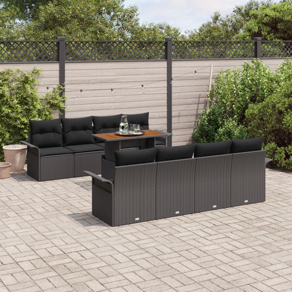 Set Divano da Giardino  a 9 Pezzi con Cuscini Nero Rattan Poliolefine