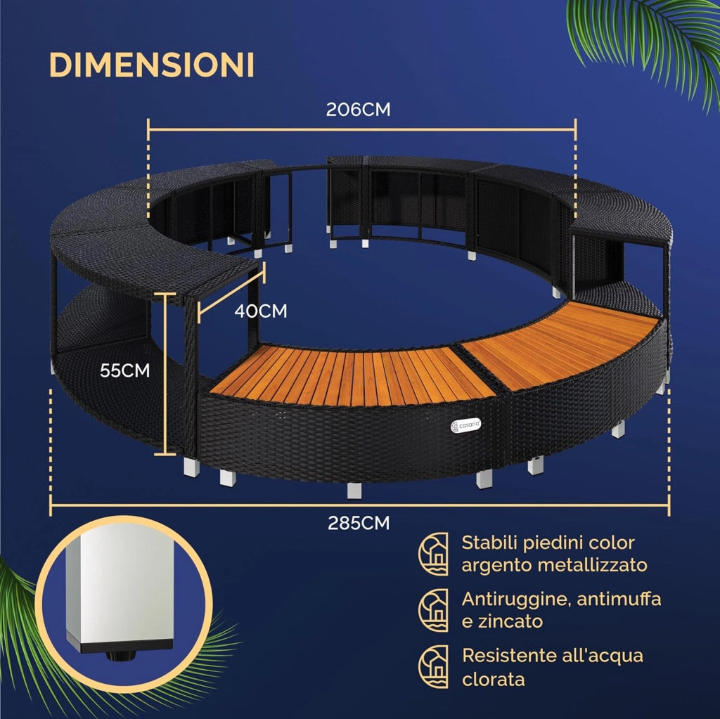 Cornice Whirlpool Vasca Idromassaggio Polyrattan Ø 206 cm Ingresso in Legno Eucalipto Certificato FSC Bordo Piscina Relax