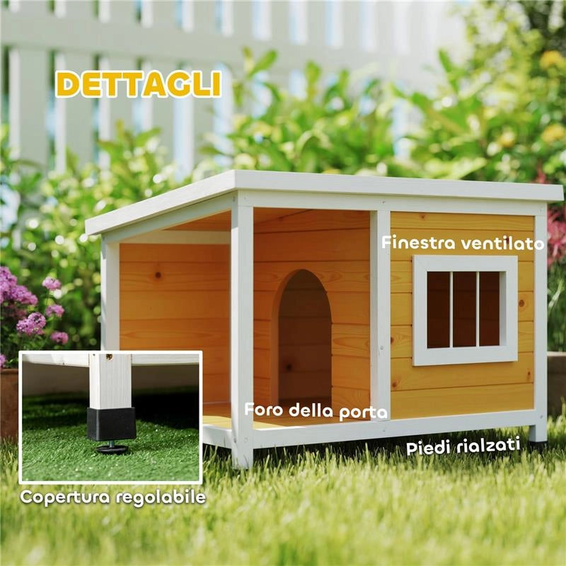 CUCCIA PER CANI DA ESTERNO IN LEGNO DI ABETE CON VERANDA COPERTA E TETTO INCLINABILE, 85.5X62X60 CM, MULTICOLORE