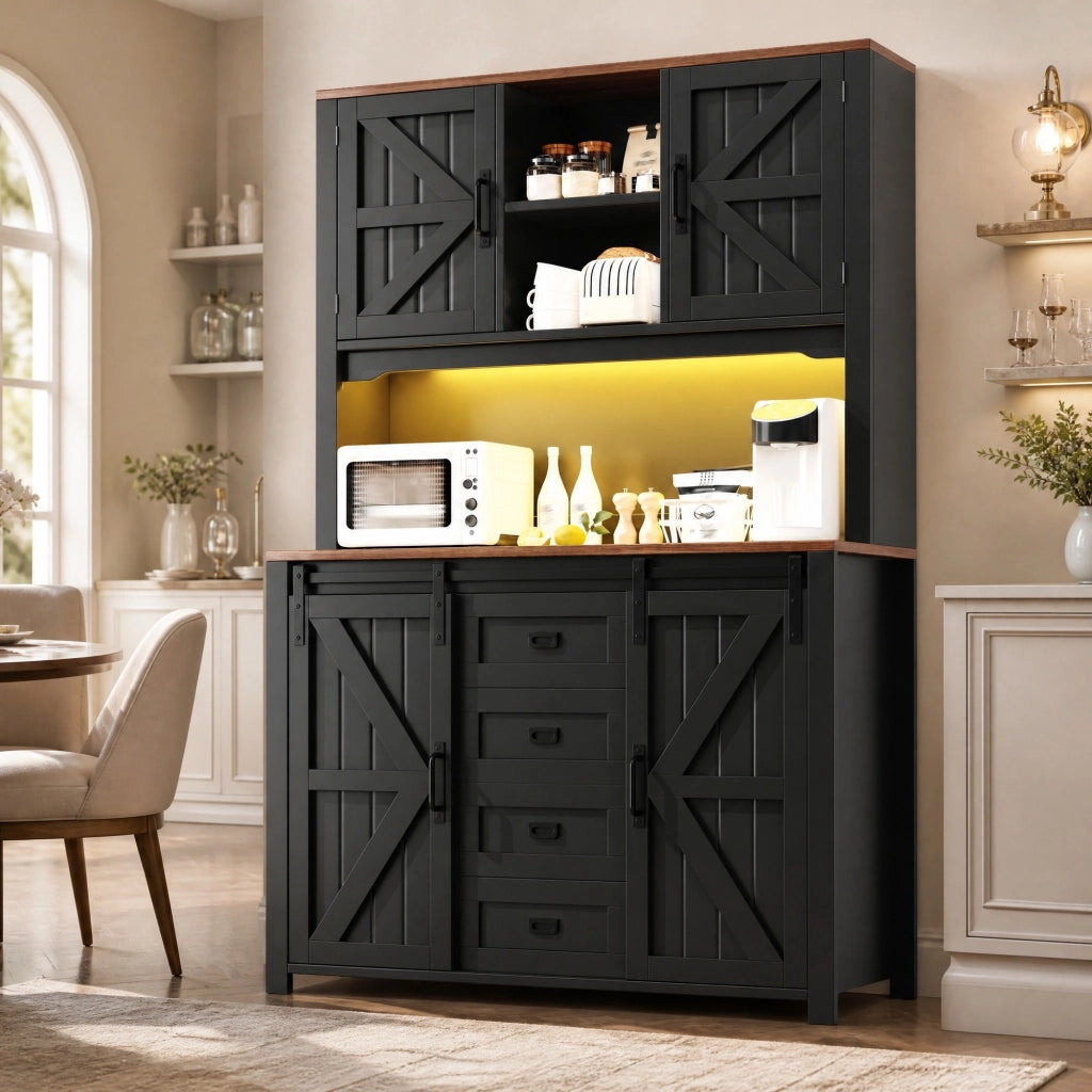 Credenza da cucina alta 115 x 40 x 174,7 cm con ripiani regolabili, ante scorrevoli e illuminazione LED