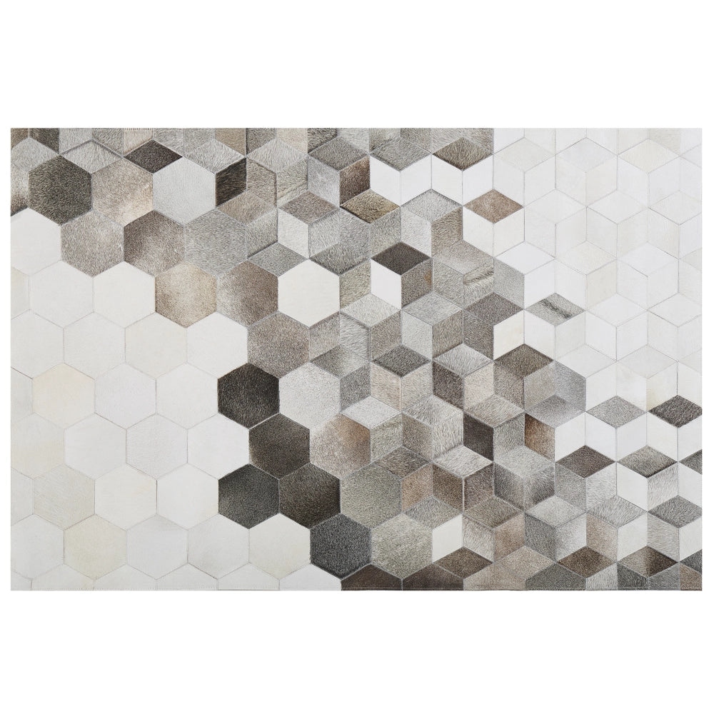 Tappeto in pelle di vacchetta Capelli grigi su pelle Motivo patchwork geometrico 140 x 200 cm