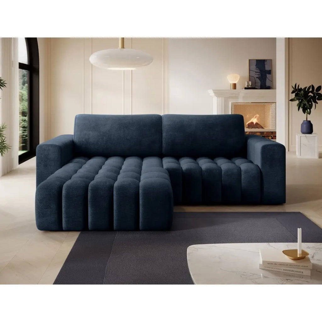 Divano angolare trasformabile DORY blu scuro 250 cm con contenitore angolo sinistro