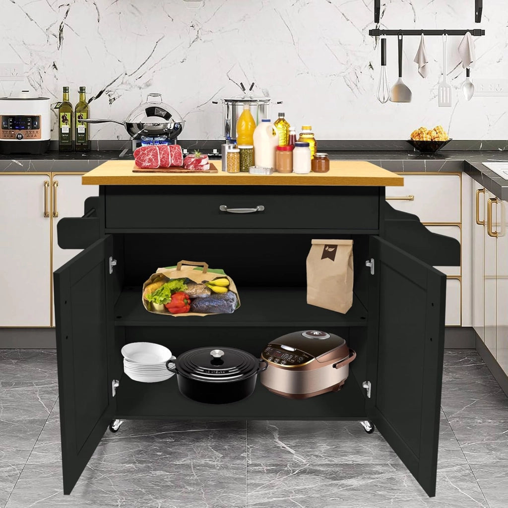 Carrello da cucina nero con ruote e piano di lavoro, carrello da cucina, isola in legno, con portasciugamani e portaspezie, mobile da cucina, carrello da cucina, 115 x 90 x 36 cm
