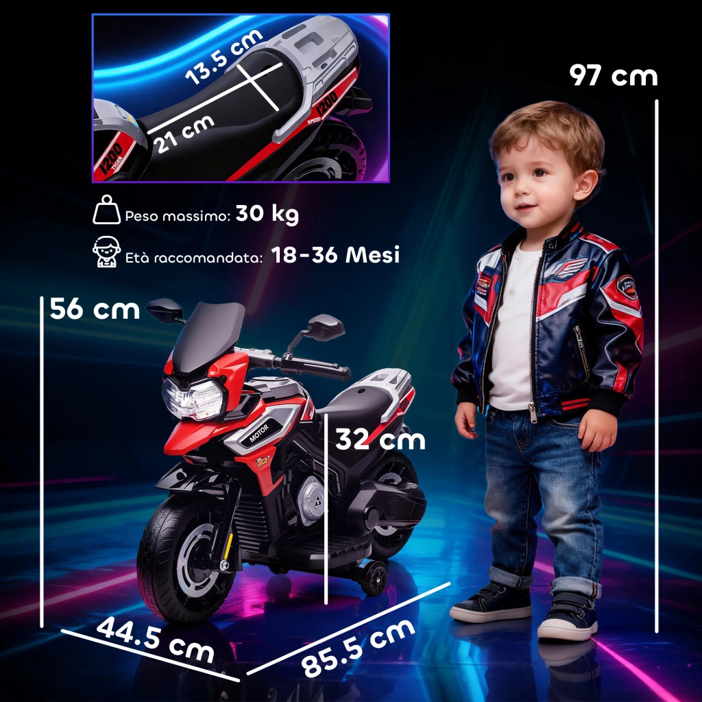 Moto Elettrica per Bambini con Rotelle. Specchietti e Poggiapiedi. in PP e Metallo. 85.5x44.5x56 cm. Rosso