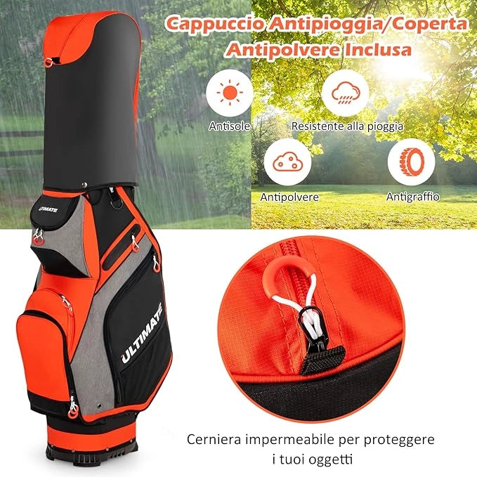 Borsa da Golf Portatile con 14 Divisori Superiori a Tutta Lunghezza, 7 Tasche con Cerniera, Cappuccio Antipioggia, Tracolla, Manico e Portaombrelli, Ideale per Uomini e Donne (Rosso e Grigio)