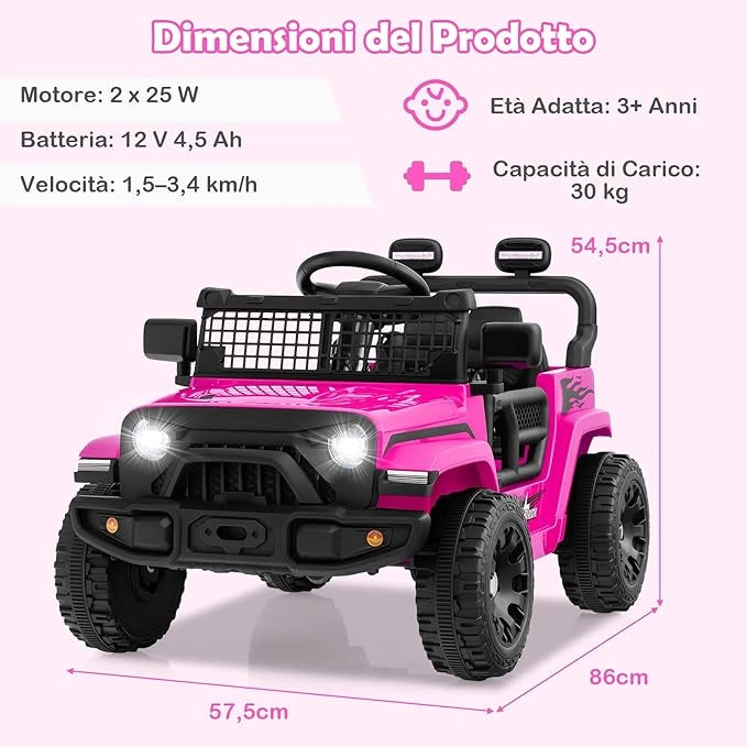 12V Macchina elettrcia per Bambini, Auto con Telecomando 3 Velocità Luci LED Musica, Doppi Motori, Veicolo Elettrico per Bambini 3+ Anni, Carico 30 kg (Rosa)