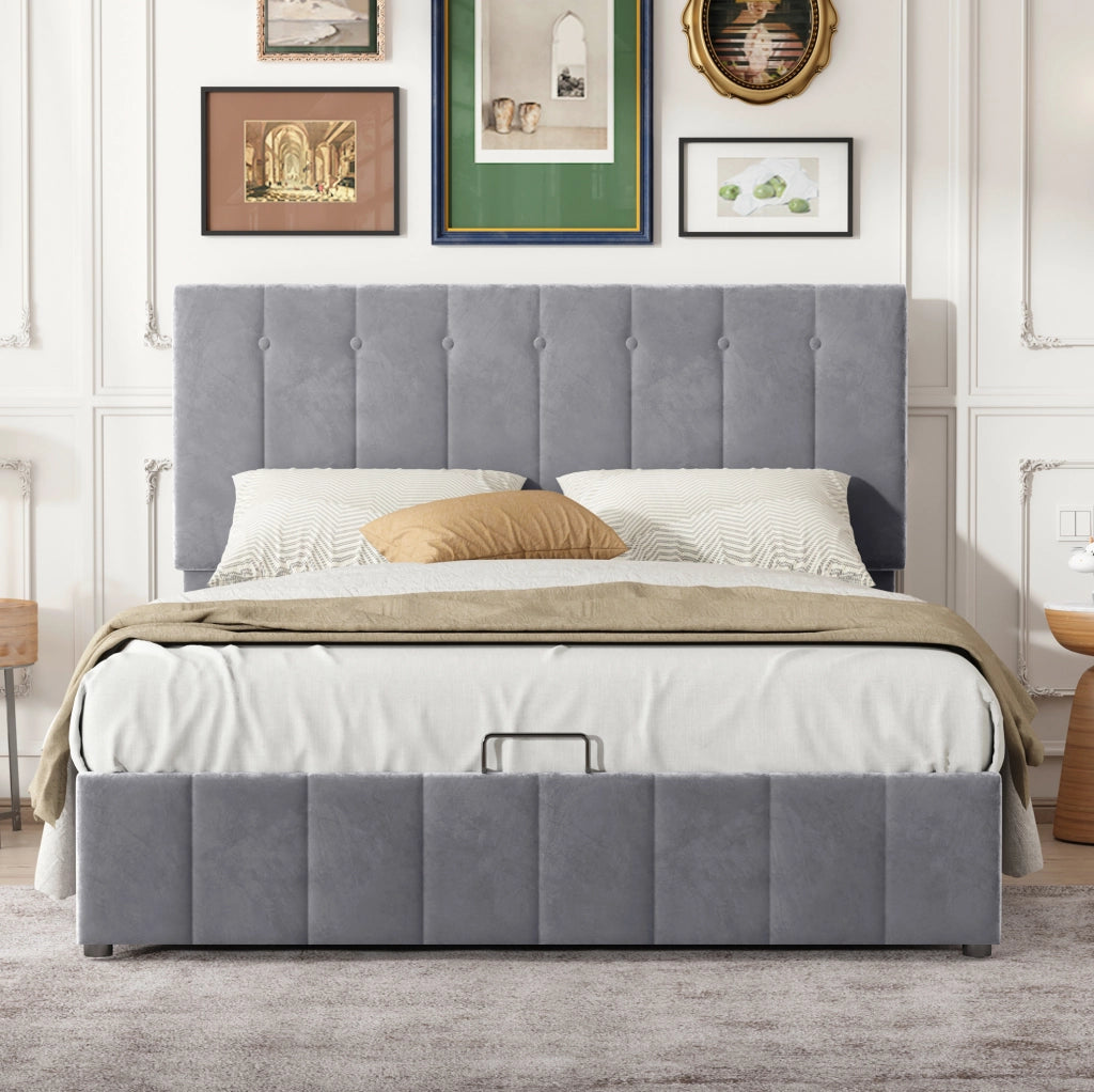 Letto imbottito contenitore 140x200 cm con rete a doghe; velluto grigio