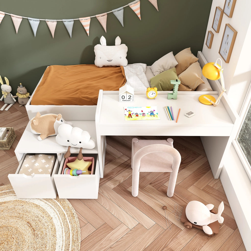 Letto Combinato 90 x 200 cm - Scrivania; 2 Cassetti e Sponda - in Legno e MDF - Bianco