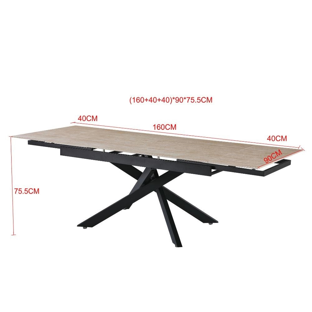 Tavolo allungabile Trivia con piano in ceramica effetto marmo Travertino e gambe in metallo nero 160x90x75.5H