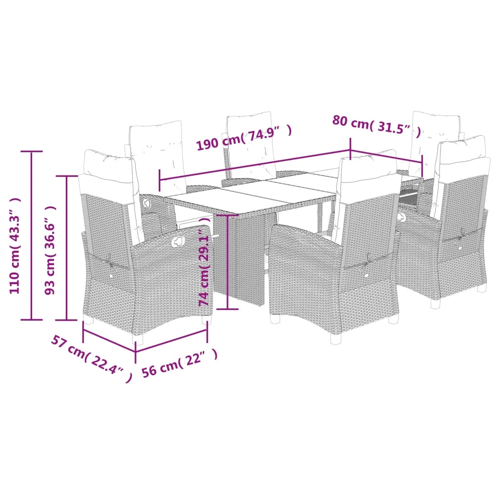 Set da Pranzo da Giardino 7 pz Nero con Cuscini in Polyrattan 3212918