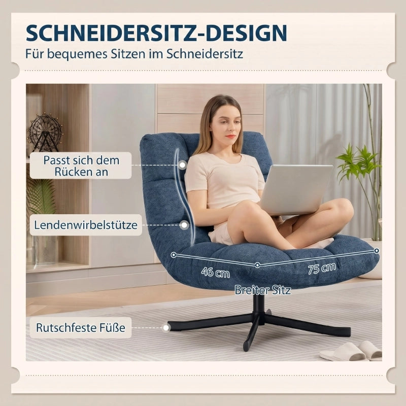 Poltrona lounge girevole 360° in chenille blu scuro, senza braccioli, base in acciaio