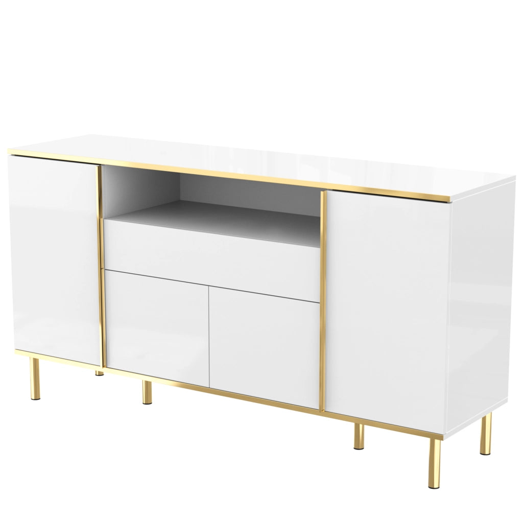 Credenza con 4 Ante e 1 Cassetto; LED; Finitura Lucida; Stile Moderno; per Soggiorno; in MDF; 150??40??80 cm; Bianco
