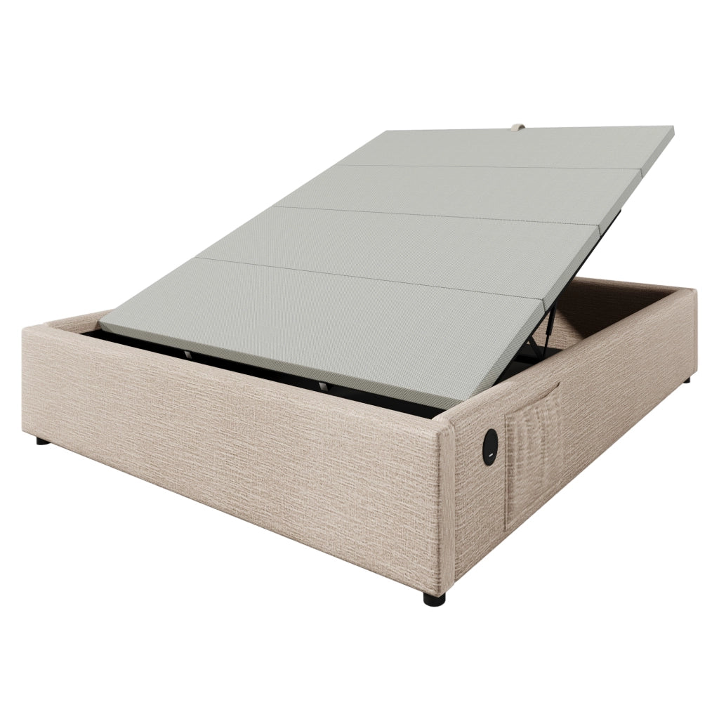 Letto contenitore imbottito 140x200 cm con porta USB/Type-C, rete in legno massiccio e struttura in lino naturale