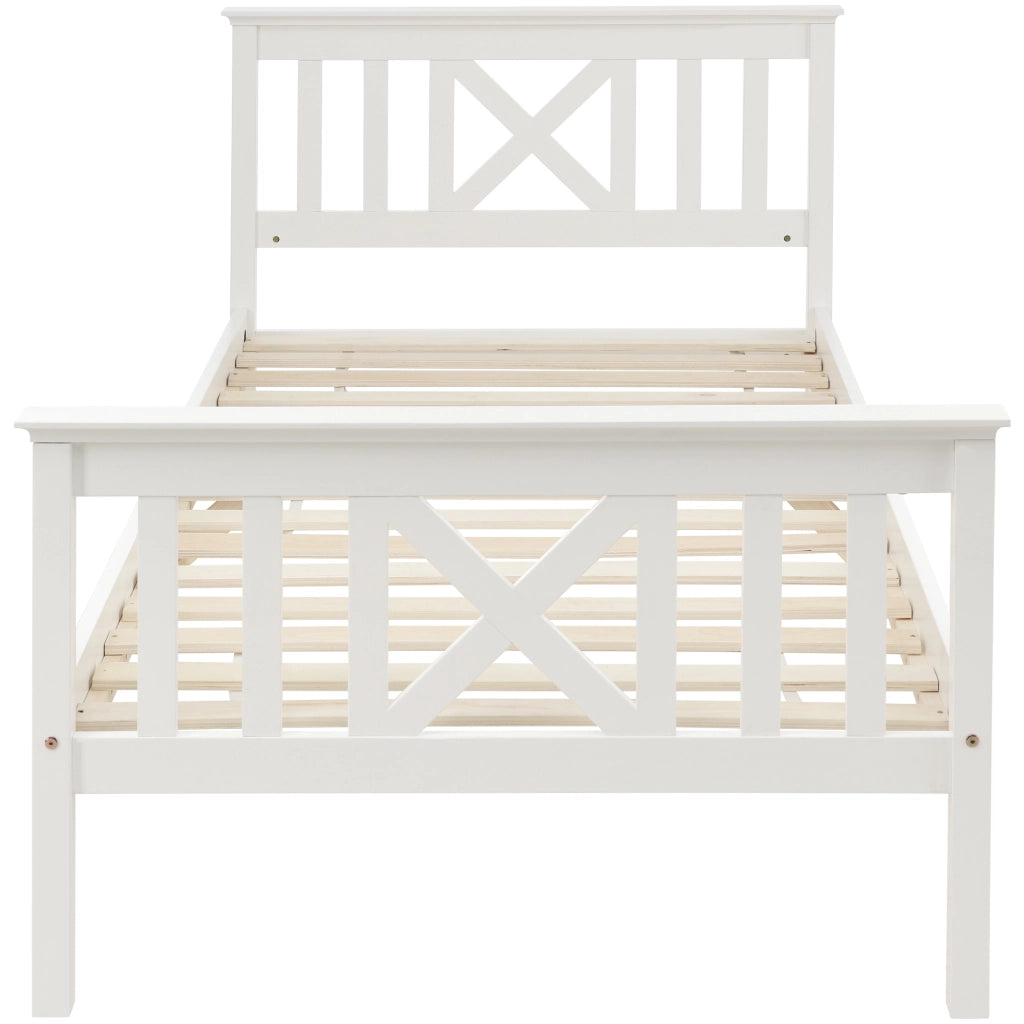 Letto singolo in legno massello bianco 90x200 cm con testiera a X e rete a doghe