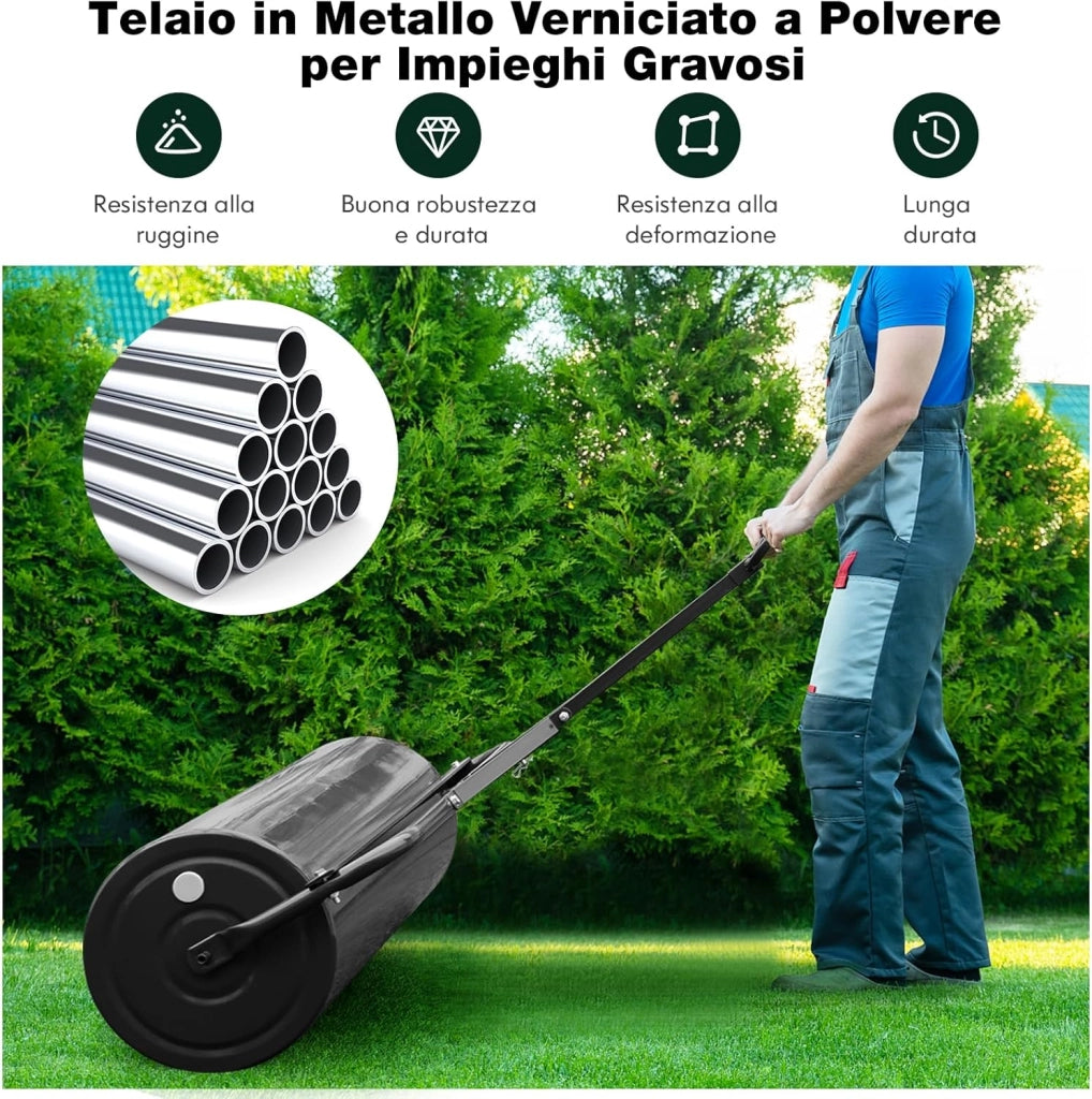 Rullo da Giardino per Prato 113 L 90 x 40 cm, Rullo per Prato in Metallo Riempibile di Acqua/Sabbia con Manico Antiscivolo, Ideale per Cortile, Parco e Fattoria (Nero)