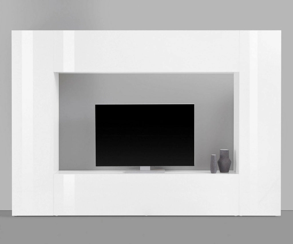 Parete attrezzata da Amel, Made in Italy, Porta TV, Set salotto moderno, cm 260x30h180, Bianco lucido
