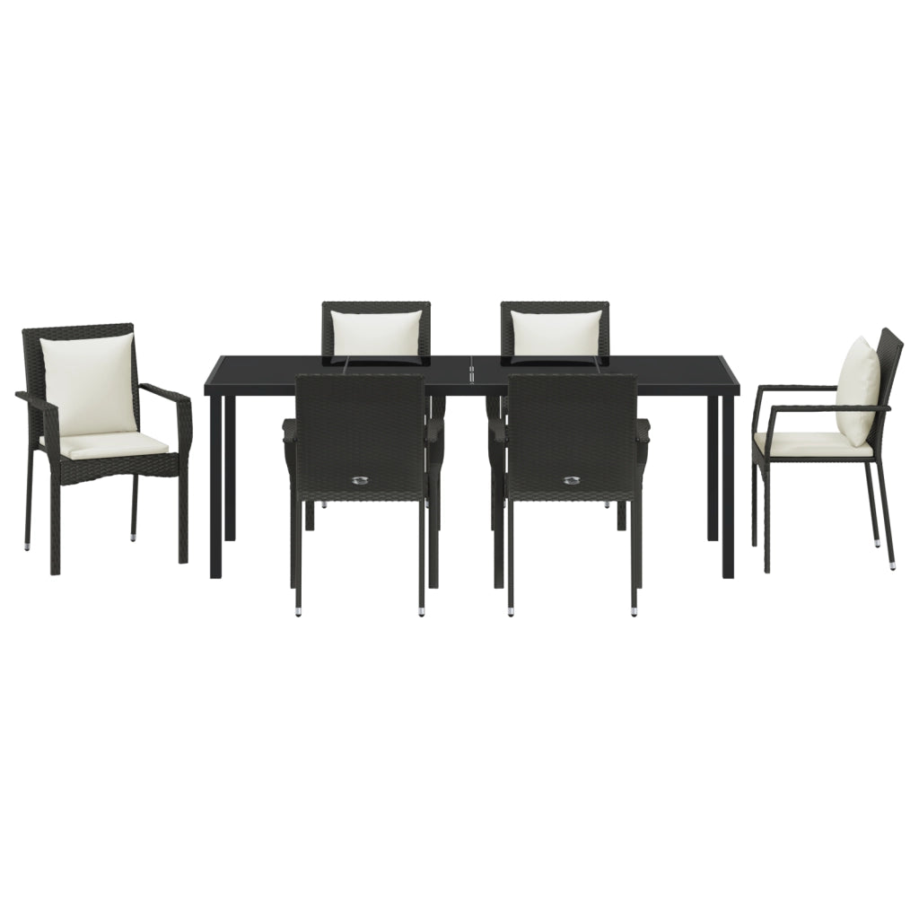 Set da Pranzo da Giardino 7 Pezzi con Cuscini Nero Polyrattan