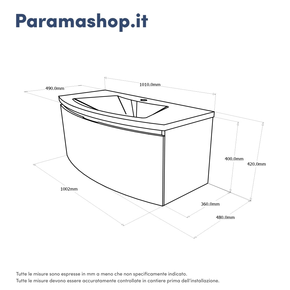 Mobile sospeso 100 cm bianco lucido con un cassetto e lavabo in ceramica, frontale curvo | Lula