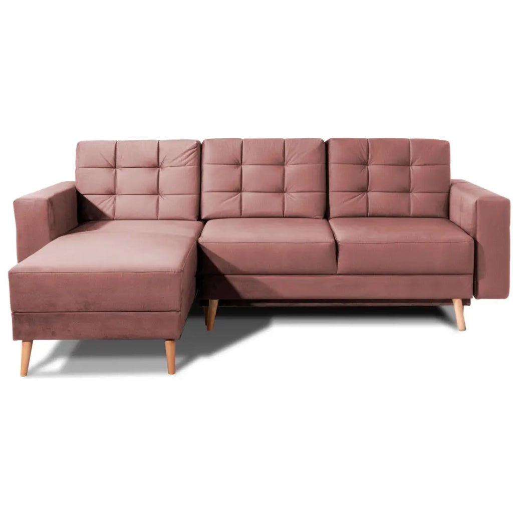 Divano ad angolo trasformabile HASGARD 3 posti rosa 248x162 cm – con vano contenitore e piedi in legno