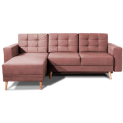 Divano ad angolo trasformabile HASGARD 3 posti rosa 248x162 cm – con vano contenitore e piedi in legno
