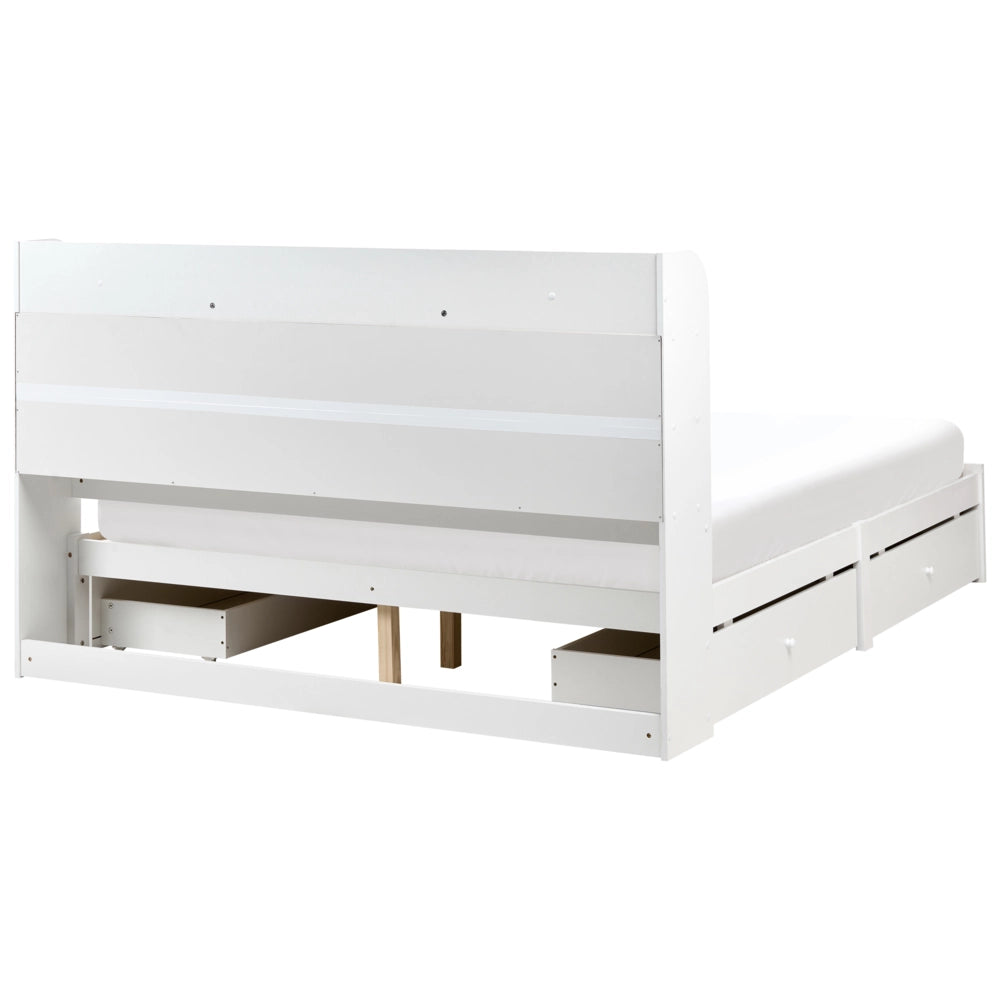 Letto matrimoniale in legno di pino MDF minimalista con contenitore 4 cassetti e ripiani testiera in bouclé bianco con rete 160 x 200 cm