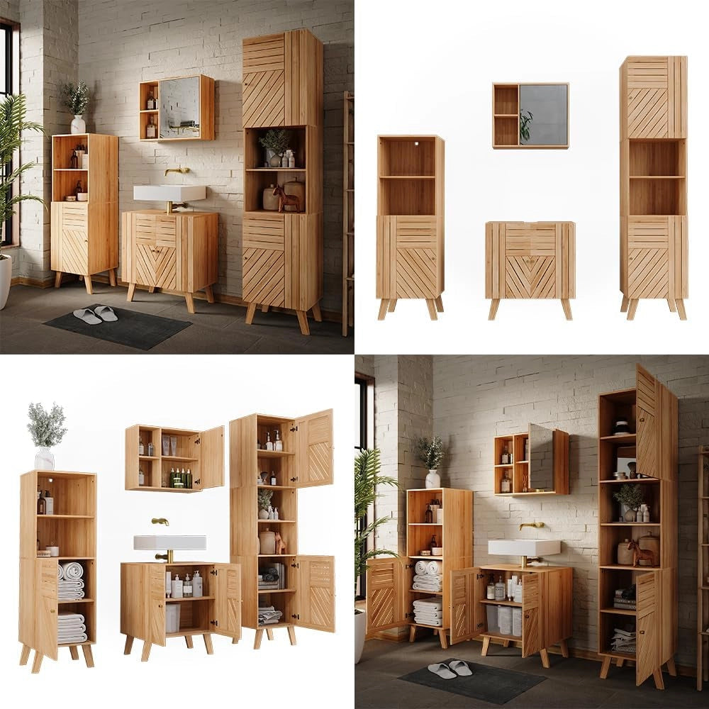 Set di mobili da bagno Lucie, Bambù, 60 cm, composto da mobile lavabo, pensile a specchio, colonna e base media