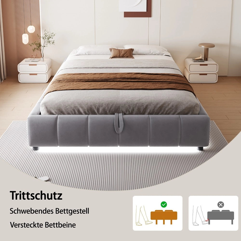 Letto Imbottito Contenitore con LED ¨C MINIMAL ¨C Grigio 140x200, Senza Testiera, Idraulico