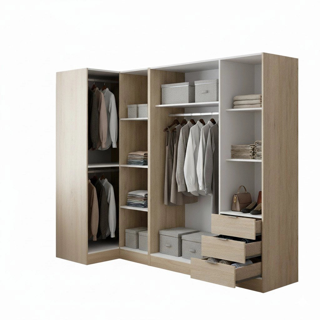 Guardaroba Atena, Mobile angolare per camera da letto, Armadio appendiabiti ad angolo a 5 ante battenti, 214x91h184 cm, Rovere