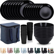 Servizio da tavola in plastica per 8 persone, con contenitore portatile, piatti riciclabili e set di piatti e bicchieri inclusi, tazze, piatti, bicchieri, servizio da casa (nero)