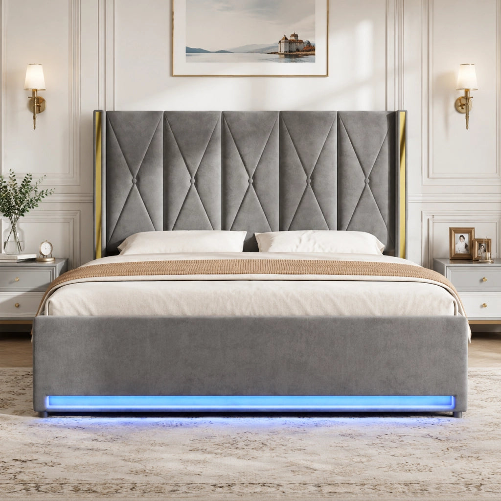 LETTO imbottito 180x200 cm in velluto grigio scuro con testiera alta e LED
