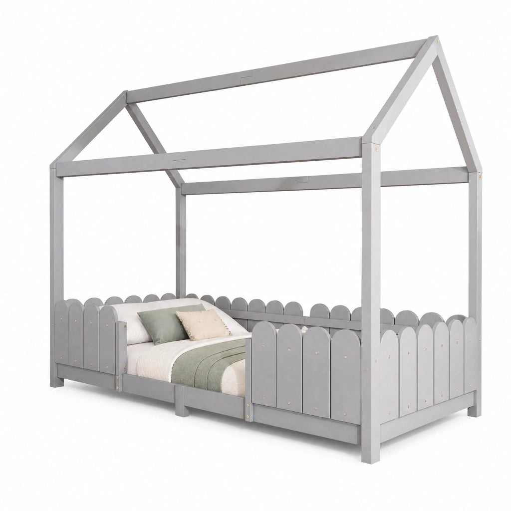 Letto a casetta 90x200 cm in legno grigio con sponde di sicurezza e rete a doghe