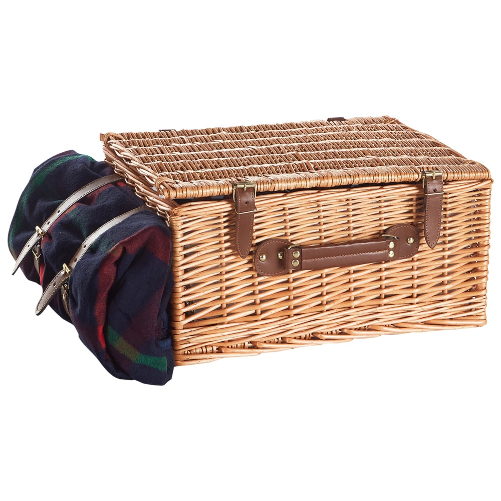 Cesto da picnic per 4 persone in vimini naturale e grigio con set di posate, piatti, bicchieri da vino e borsa termica con cavatappi Coperta inclusa Finitura
