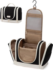 Toilette appesa, grande toilette per viaggiatori donne, borsa cosmetica appesa, set con 10 compartimenti per uso quotidiano o viaggi - nero/beige