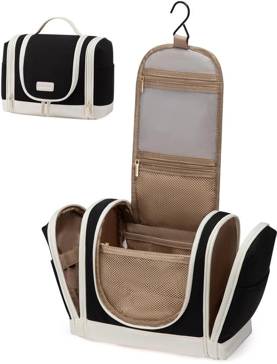 Toilette appesa, grande toilette per viaggiatori donne, borsa cosmetica appesa, set con 10 compartimenti per uso quotidiano o viaggi - nero/beige