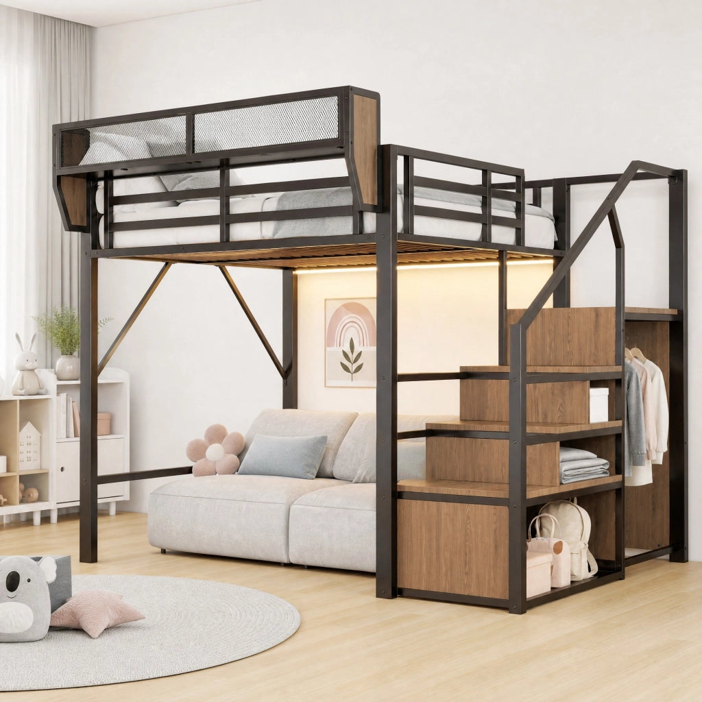 LETTO A CASTELLO 140x200 cm in metallo nero con scala e LED