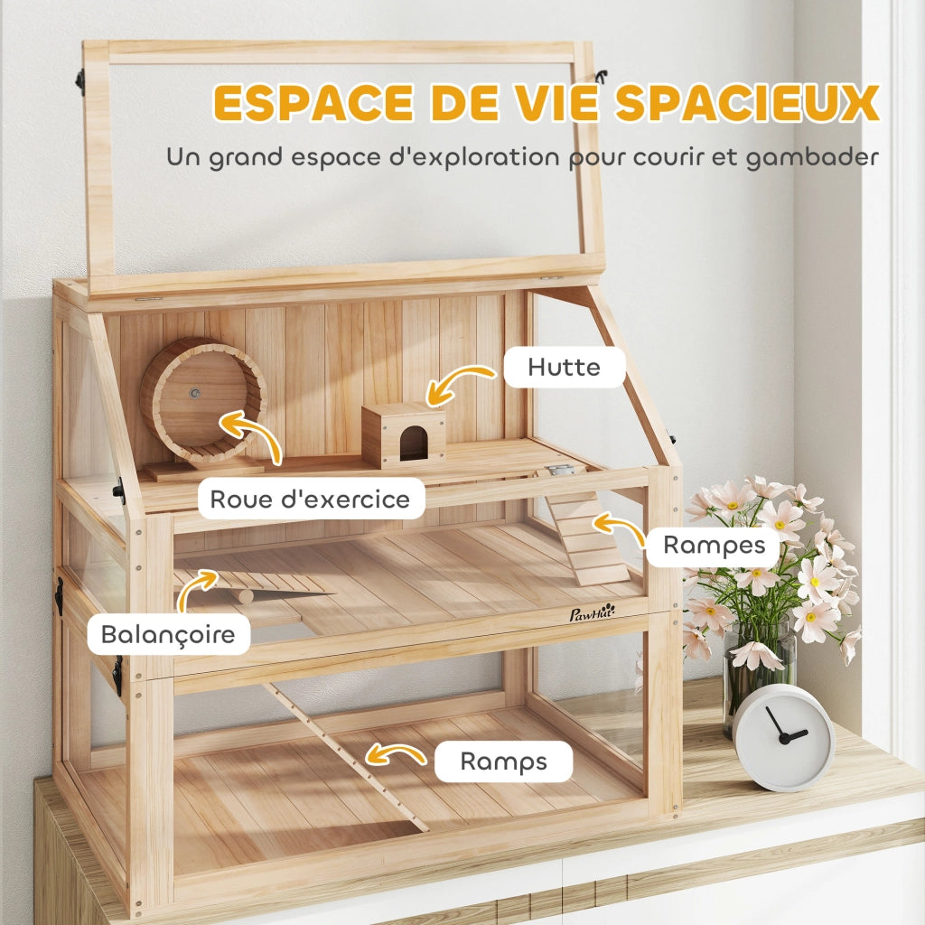 Gabbia per Criceti 3 Livelli con Altalena ¨C Minimal ¨C 80x50x76cm Legno Naturale