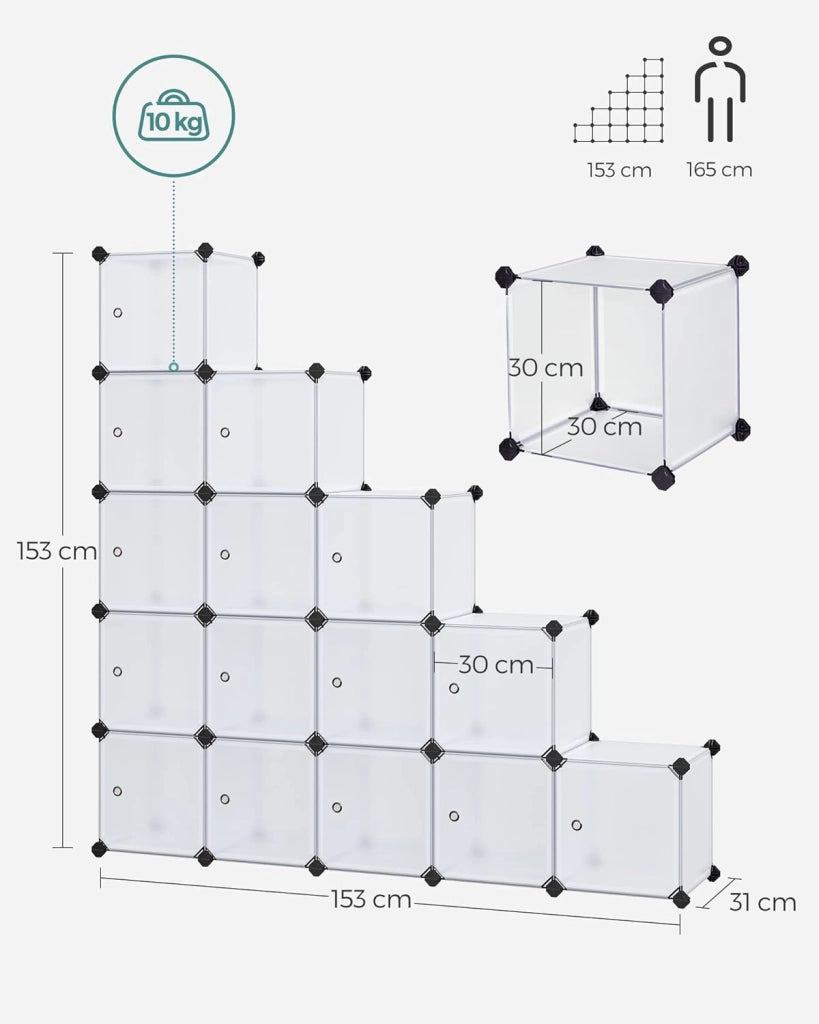 SONGMICS Armadio a 16 Cubi, Portaoggetti Organizzatore, Armadietto Mobiletto con Ante, per Abiti Scarpe Libri, Facile da Assemblare, Bianco LPC44BS