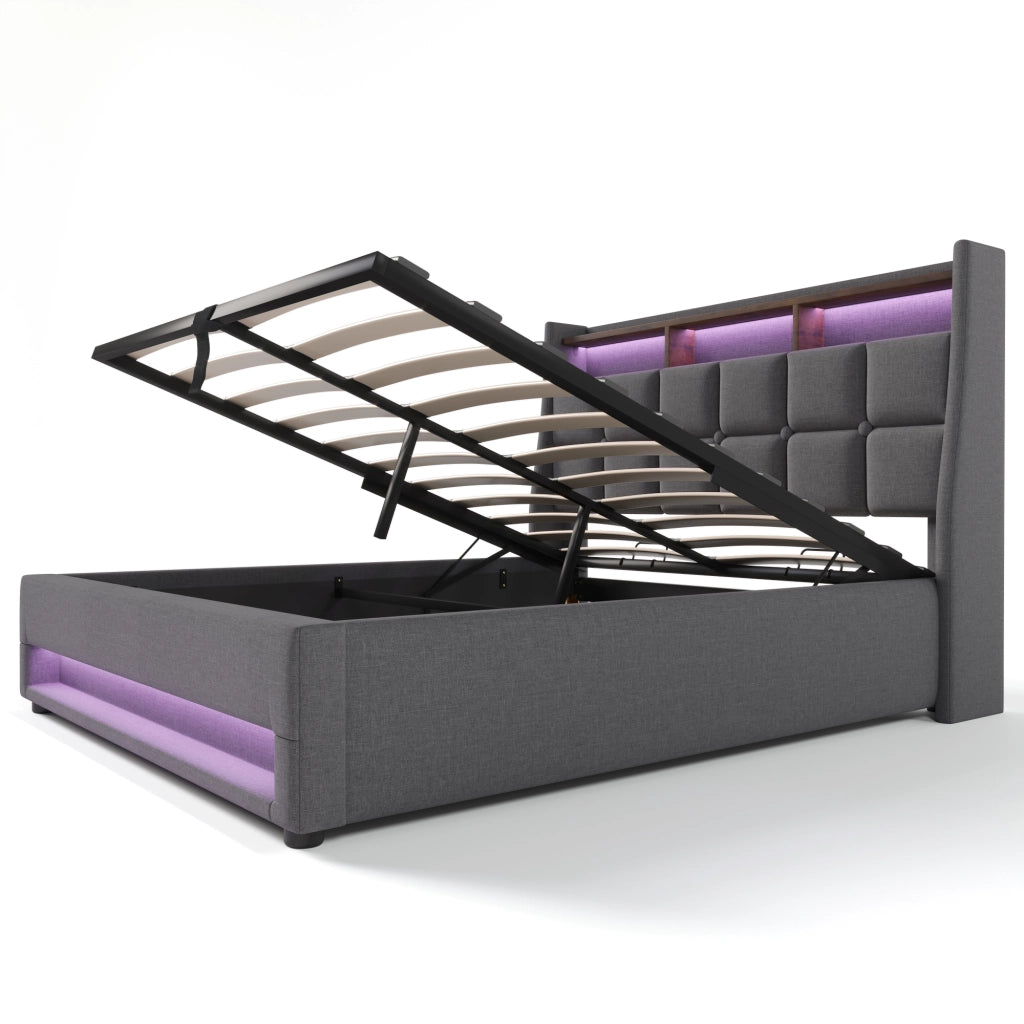 OKWISH Letto Contenitore 140×200 cm, Letto Matrimoniale con USB, LED Regolabile e Mensola, senza Materasso, in Lino, Grigio