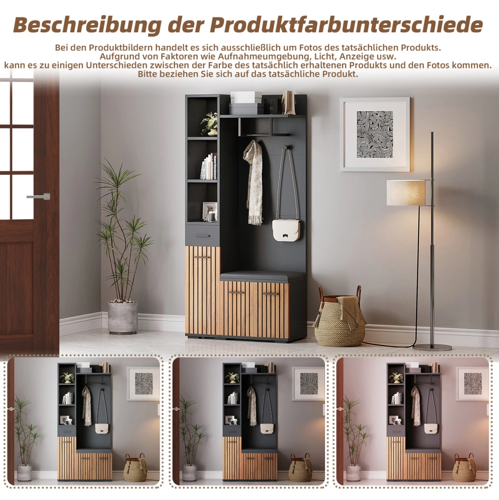 Mobile ingresso multifunzione 80 x 35 x 175 cm con 2 armadi; 1 cassetto; nero e legno naturale