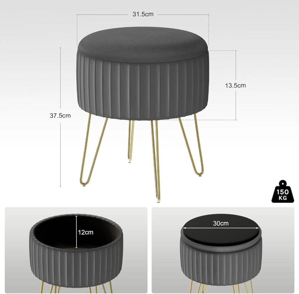 Poggiapiedi Ottomano, Contenitore con Rivestimento in Velluto Olandese e Gambe in Metallo, Sgabello Rotondo per Soggiorno/Camera da Letto/Ingresso, φ31,5xH37,5 cm, Grigio Scuro, SH105dgr