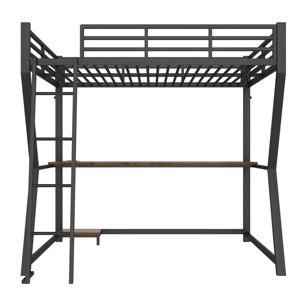 Letto a soppalco 140x200 cm con scrivania; LED e prese USB in metallo nero