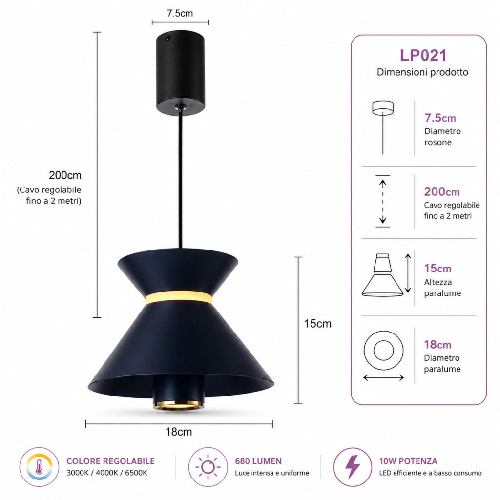 LAMPADARIO LED A SOSPENSIONE MODERNO NERO 10W DIMMERABILE CCT REGOLABILE LP021